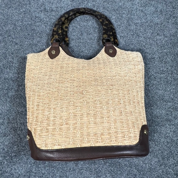 Elaine Turner Woven Straw Leather Handbag Brown Tortoise Handle - Picture 6 of 8